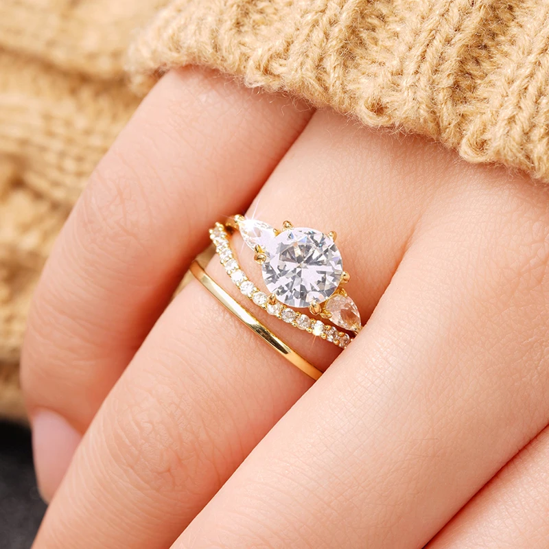Huitan declaración 3 uds conjunto de anillos de circonia cúbica para mujer para fiesta de boda Color dorado temperamento anillos de dedo femeninos joyería de moda
