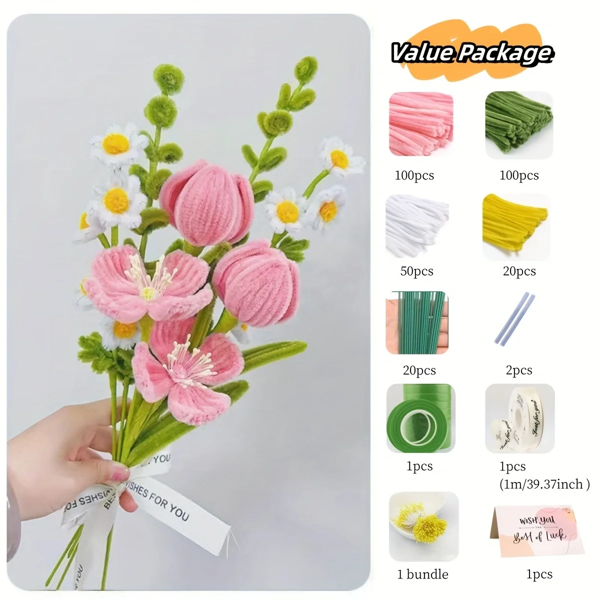 Tulipán, ramo de margaritas Paquete de material de bricolaje hecho a mano, suministros para manualidades DIY tallo de chenilla Día de Acción de Gracias detalles de material de flores DIY