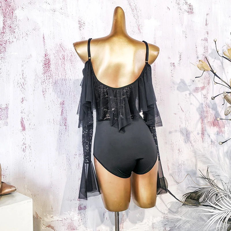 라틴 댄스 의상 여성 블랙 레이스 바디수트 라틴 공연 의상 성인 탱고 볼룸 트레이닝 의상 라틴 탑 VDL5002
