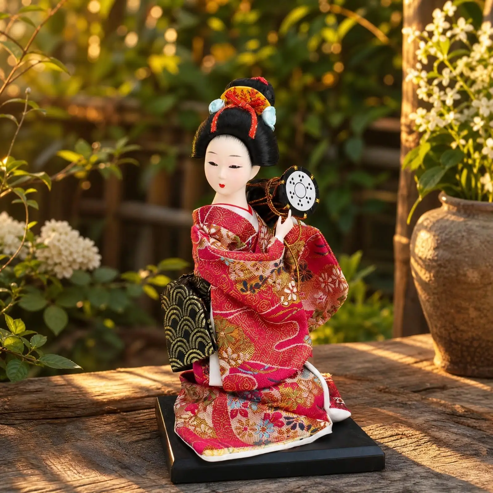 Handmade Geisha Doll Kimono Figurine Seated Plaster Cotton Decor for Dining Room Cultural Interior