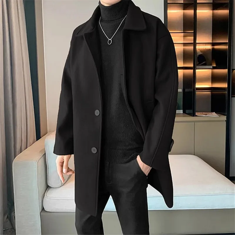 

2024 Winter Men Business Casual Woolen Jacket Turn Down Collar Wool Coat New Thicken Warm Male Blends Trench Windbreaker