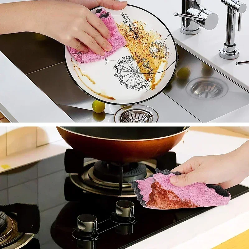 Microfiber Towels Double-layer Absorbent Kitchen Cleaning Cloth Non-stick Oil Dish Rags Scouring Pad Home Clean Cloths