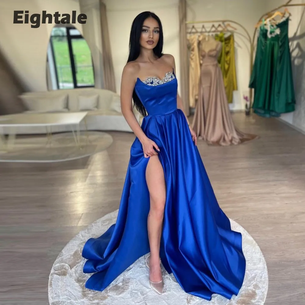 

Eightale Royal Blue Evening Dresses Sweetheart Beaded High Side Slit A-Line Prom Wedding Party Gown Satin Robe De Soirée Femme