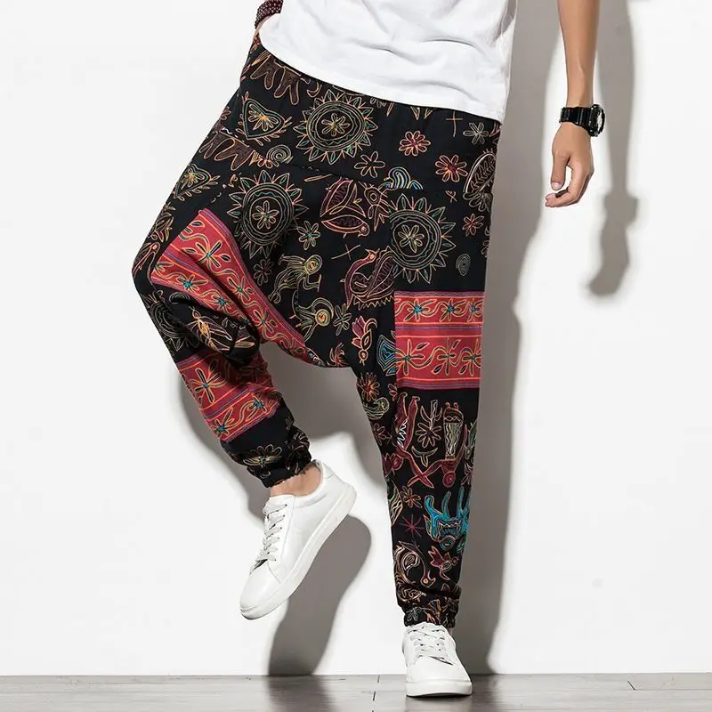 100% Linen Bloomer Men Pants Vintage Ethnic Print Big Drop Crotch Pants Harem Cross Trousers Chinese Styles Hip Hop Hippie Pants