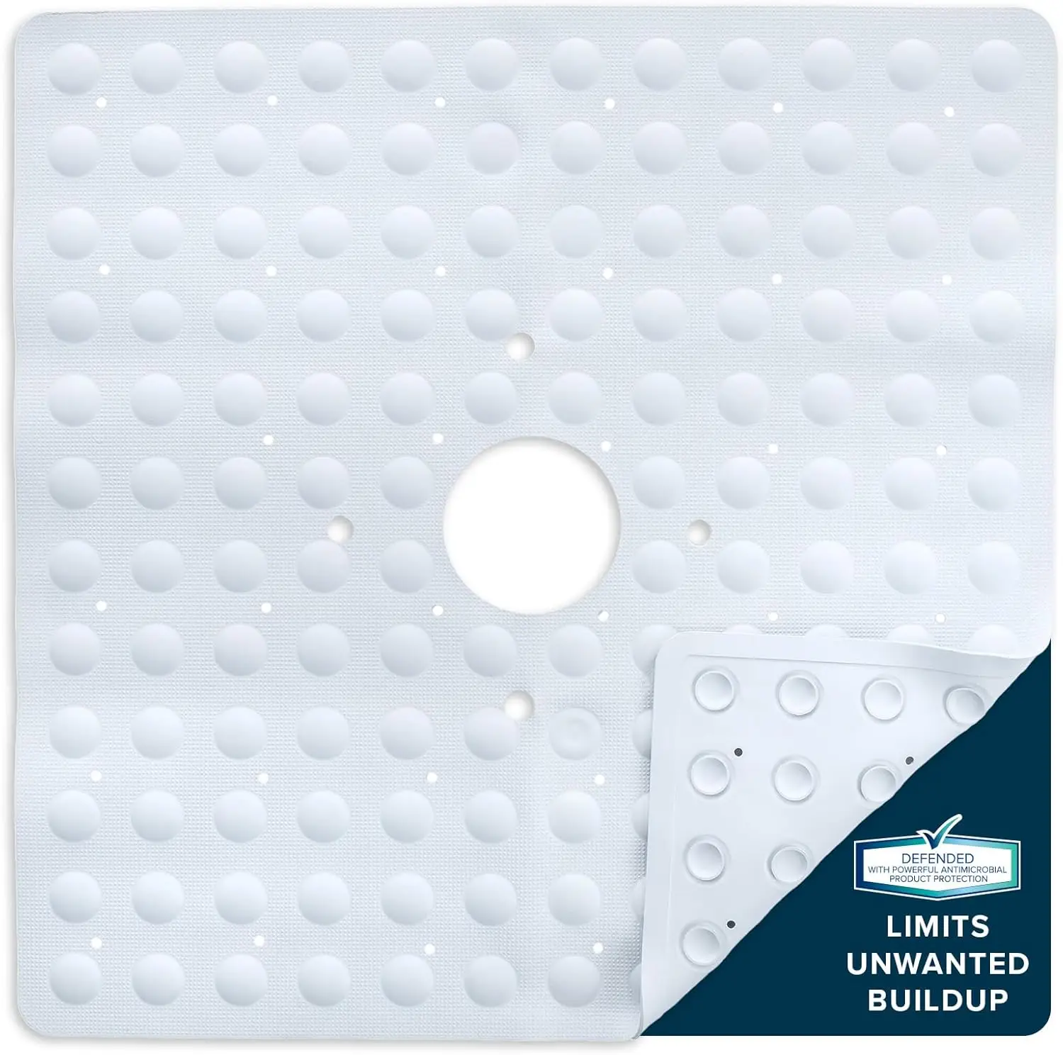 

Square Natural Rubber Shower Mat, 21x21, Non Slip Suction Cups, Mildew Resistant, White