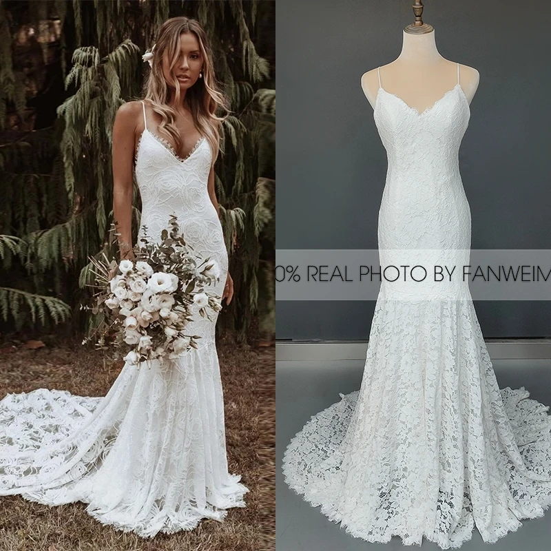 #11289 trem de varredura sem mangas laço boho sexy vestido de casamento com decote em v aberto voltar alças de espaguete nupcial photoshoot vestido feito sob encomenda