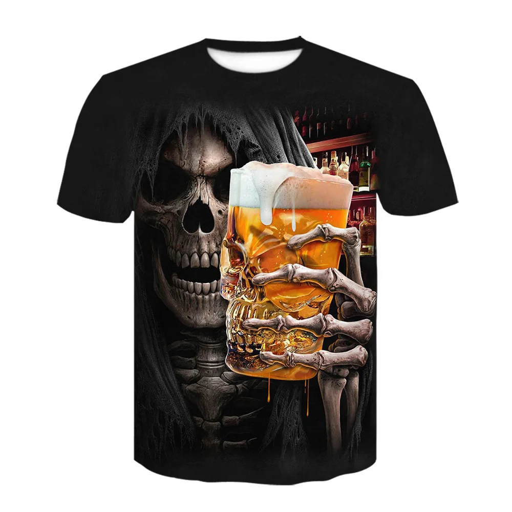 3D digital printed beer Skull Funny Halloween T-shirt Summer men's loose plus size short sleeve T-shirt