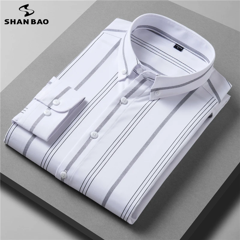 SHAN BAO-Camisa listrada de manga comprida masculina, fibra de bambu, solta, casual, casamento, banquete, luxo, alta qualidade, outono, 2022