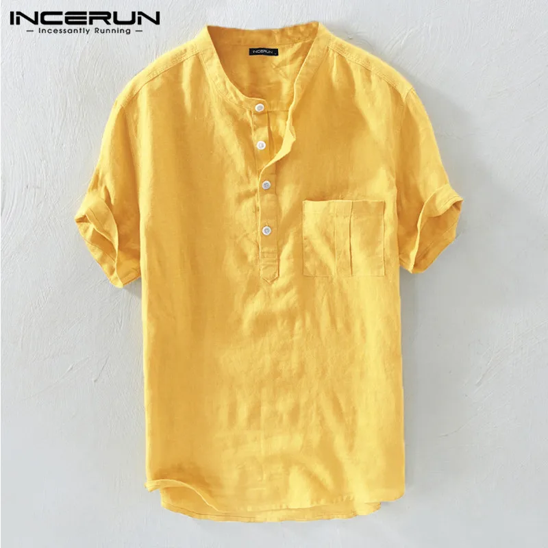 INCERUN Summer Casual Men Shirts Stand Collar Solid Cotton Blouse Short Sleeve Streetwear Brand Shirts Harajuku Camisas Hombre