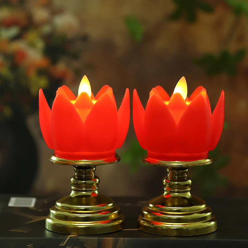 LED Lotus Light แบตเตอรี่ดําเนินการสีสันสดใสแสงธรรมชาติพระพุทธรูปโคมไฟสวดมนต์ Flicker เทียน LED โคมไฟชาตกแต่งวัด