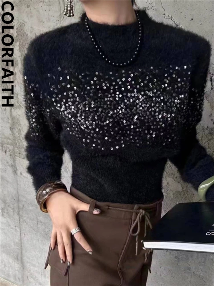 Colorfaith SW9300JX New 2024 Elegant Lady Chic Sequins Sweaters Vintage Korean Fashion Knitted Women Spring Winter Short Tops