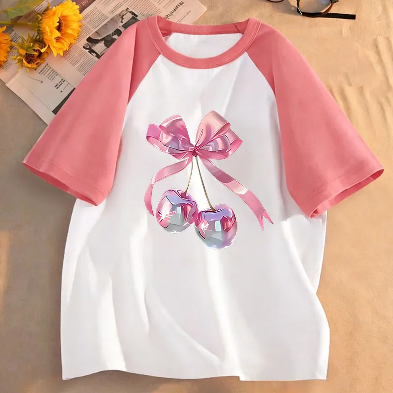Lustiges T-Shirt mit rosa Schleife im 90er-Jahre-Stil für Kinder, kurzärmeliges T-Shirt für Mädchen, Sommer, Frühling, lässiges Top-T-Shirt