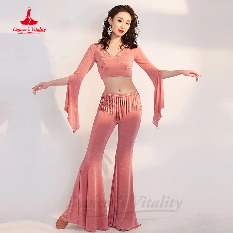 Belly Dance Perfomance Suit for Women Gauze Long Sleeves Top+bell-bottom Trousers 2pcs Girl's Oriental Bellydancer's Outfit