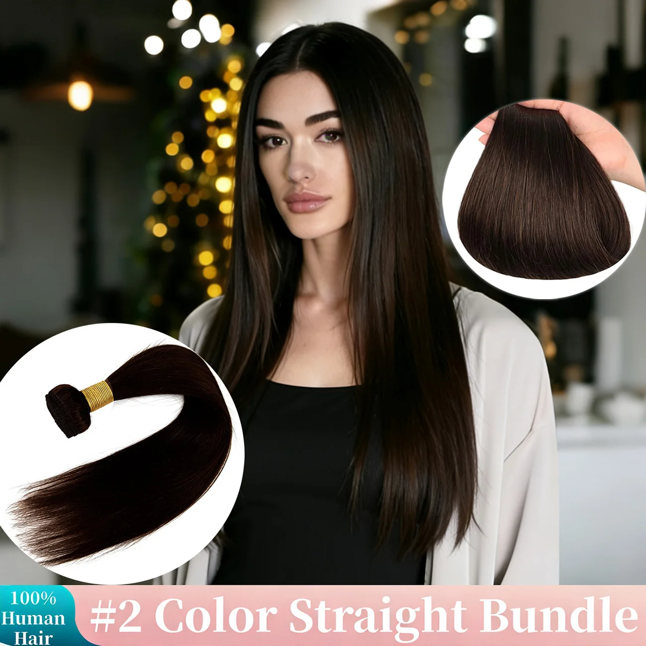 

1 Bundle #2 Color Dark Brown Straight 100% Human Hair Bundles,Soft & Tangle-Free Extension for Women,Machine Made Double Weft