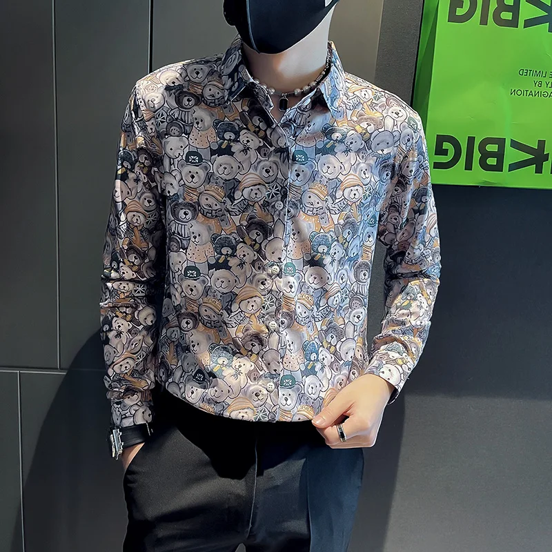 

Модная мужская рубашка с длинным рукавом, приталенного кроя, весенне-осенняя, с модным принтом, молодежная, не требует глажки, повседневная одежда