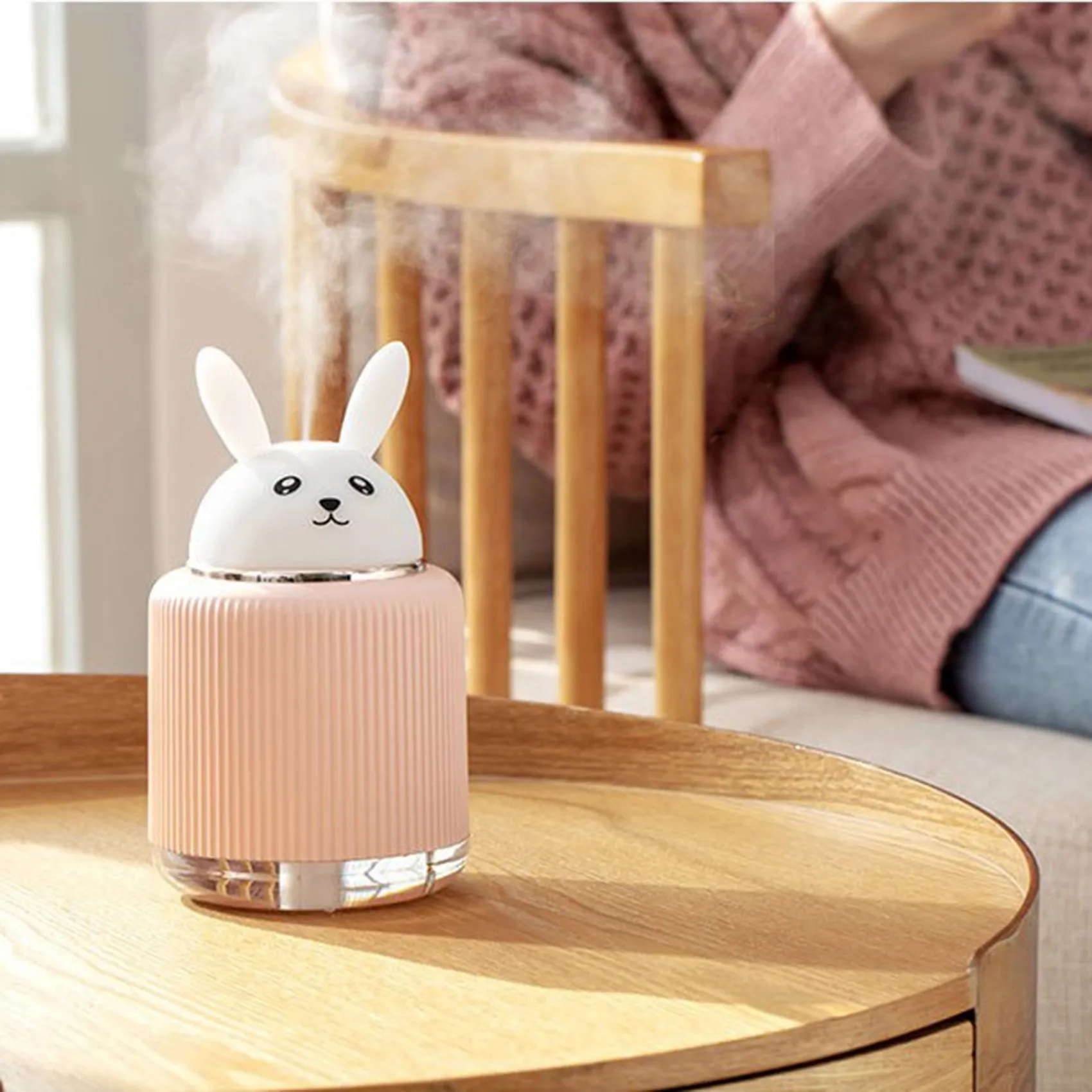 Portable Cute Air Humidifier with Night Light USB Humidifier Diffuser Air Freshener Mist Maker for Home Car, Pink Rabbit