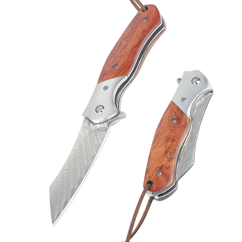 Складной карманный нож из дамасской стали с ручкой из красного дерева, инструмент для выживания в кемпинге EDC, подарок для мужчин/любителей на открытом воздухе