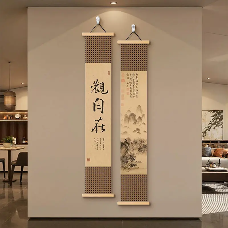 Wall Art Song Style Mountain and Calligraphy Pearlescent Canvas Hanging Scroll with Wooden Rods for Tea Room and Entryway