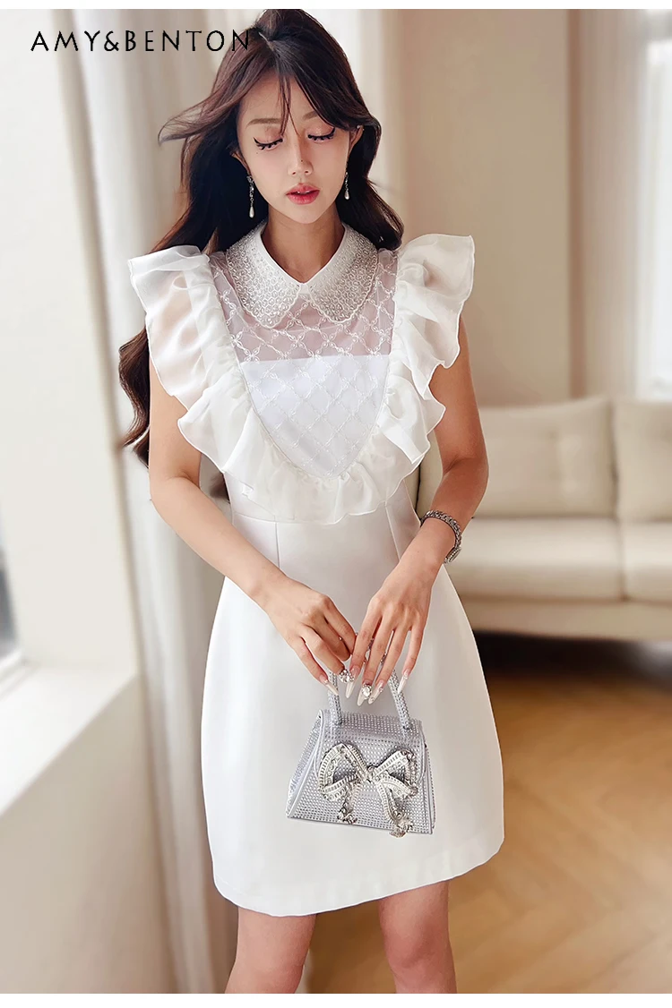 

Elegant Socialite Flying Sleeves Beaded Mesh Stitching Dress High-End Temperament Graceful Ruffled Sleeveless A-line Dress Women