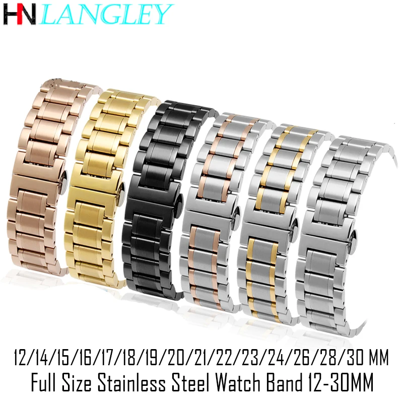 12-30 mm Big Size Stainless Steel Watch Band 14/15/16/17/18/19/20/21/22/23/24/26/28 mm Width Watches Strap Bracelet Replacement