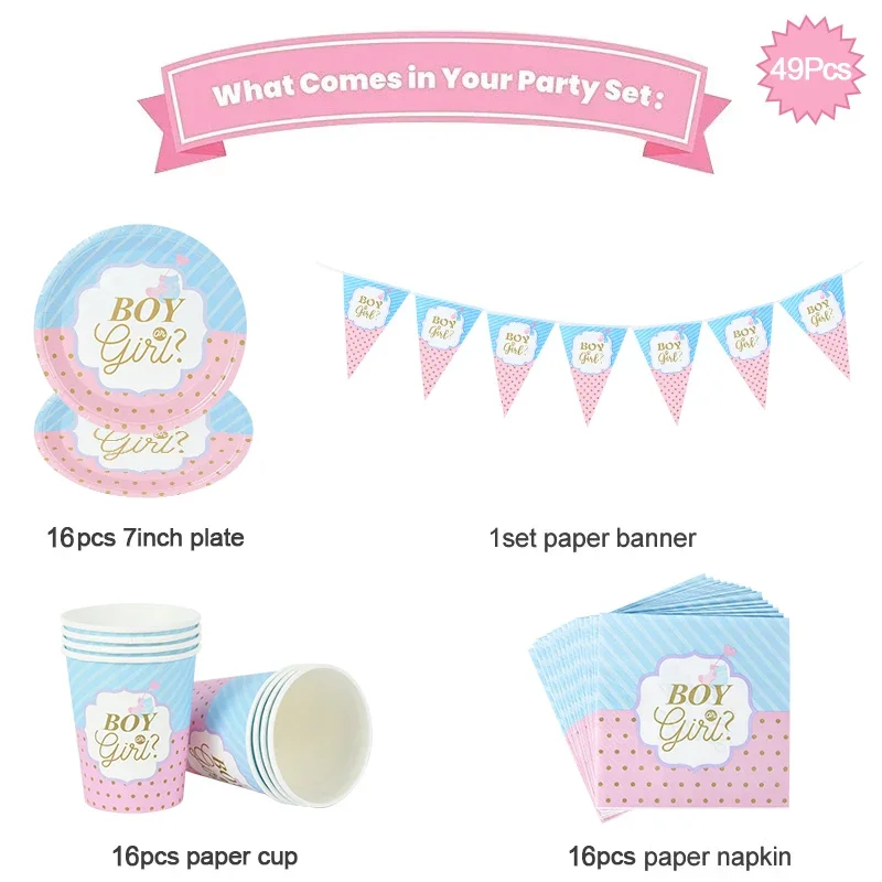 49 pezzi ragazzo o ragazza Gender Reveal Set di stoviglie usa e getta piatto di carta tazza tovagliolo Banner Baby Gender Reveal forniture per decorazioni per feste