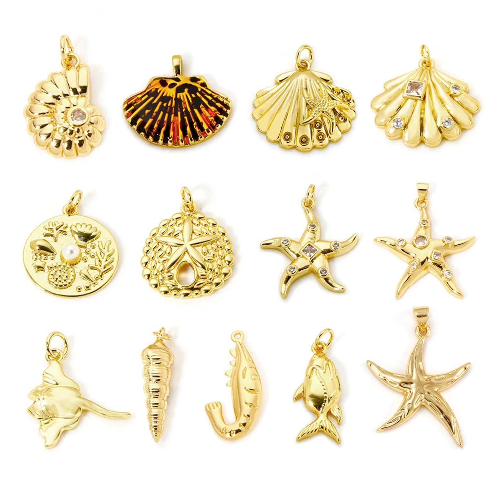 2 Piece Brass Ocean Jewelry Pendants 18K Gold Plated Conch Shrimp Starfish Fish Shell Charms For DIY Necklace Jewerly Making