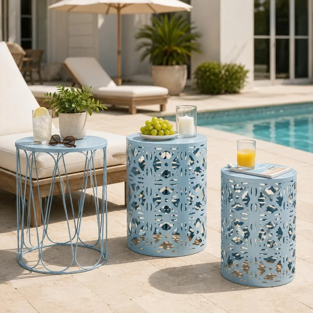 Outdoor Side Tables Set of 3 Metal Stacking Patio Side Tables for Outside Round Indoor End Tables Decorative Garden