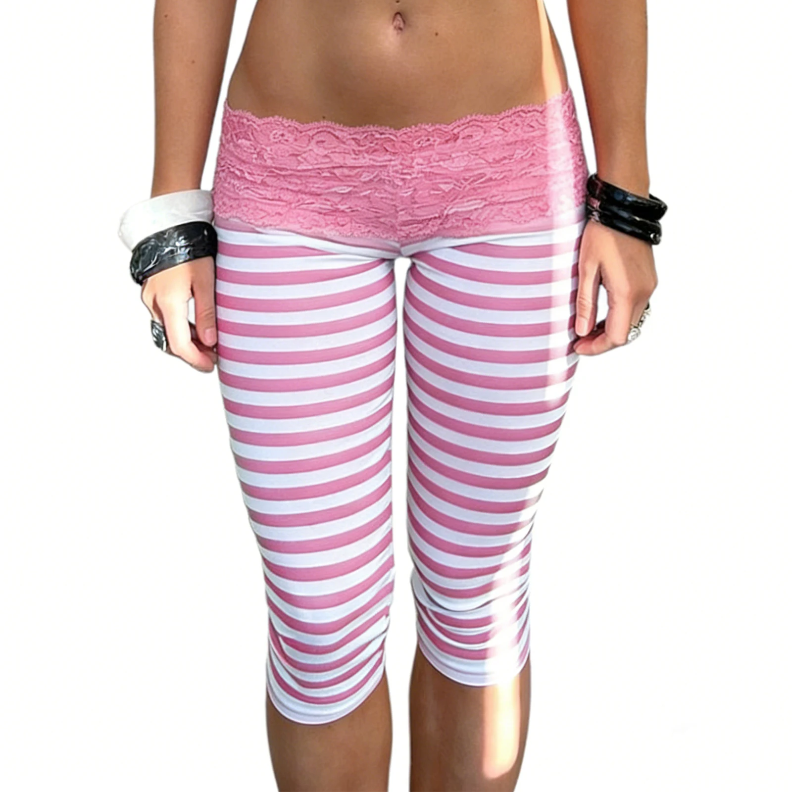 Women Vintage Lace Trim Capri Pants Low Rise Fold Over Y2K Striped Leggings Fitted Lounge Yoga Athletic Going Out Cropped Pants