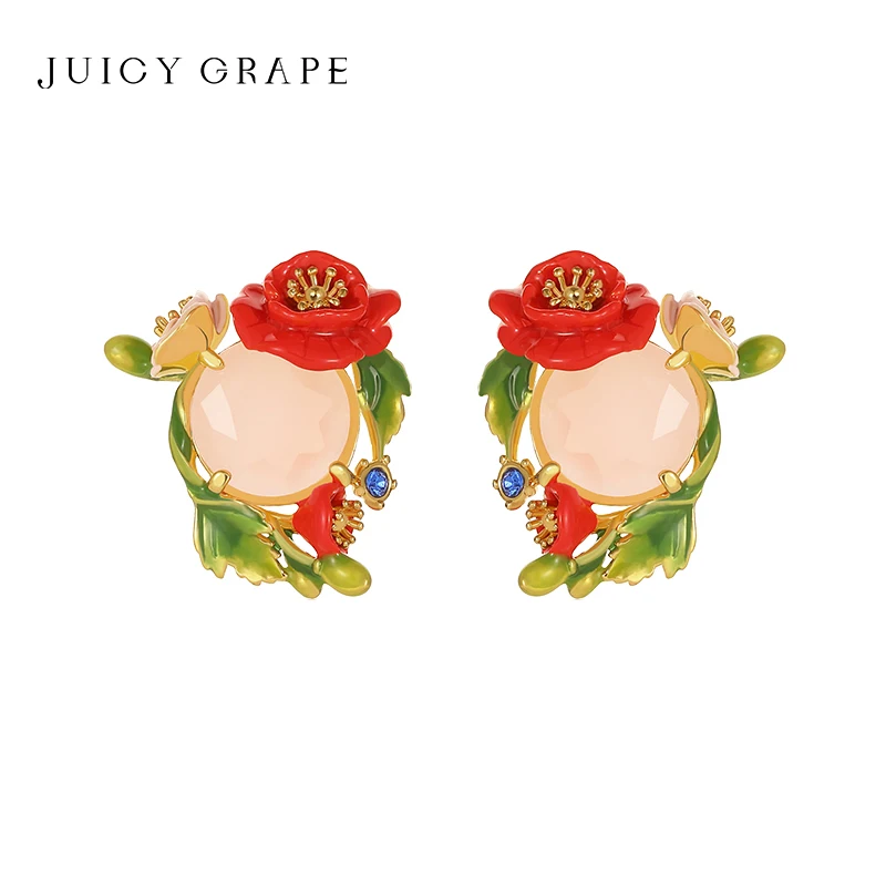 

JUICY GRAPE Women's Enamel Handmade Earrings: Beautiful Flowers Surrounded by Pink StonesElegant and Charming Fine Jewelry