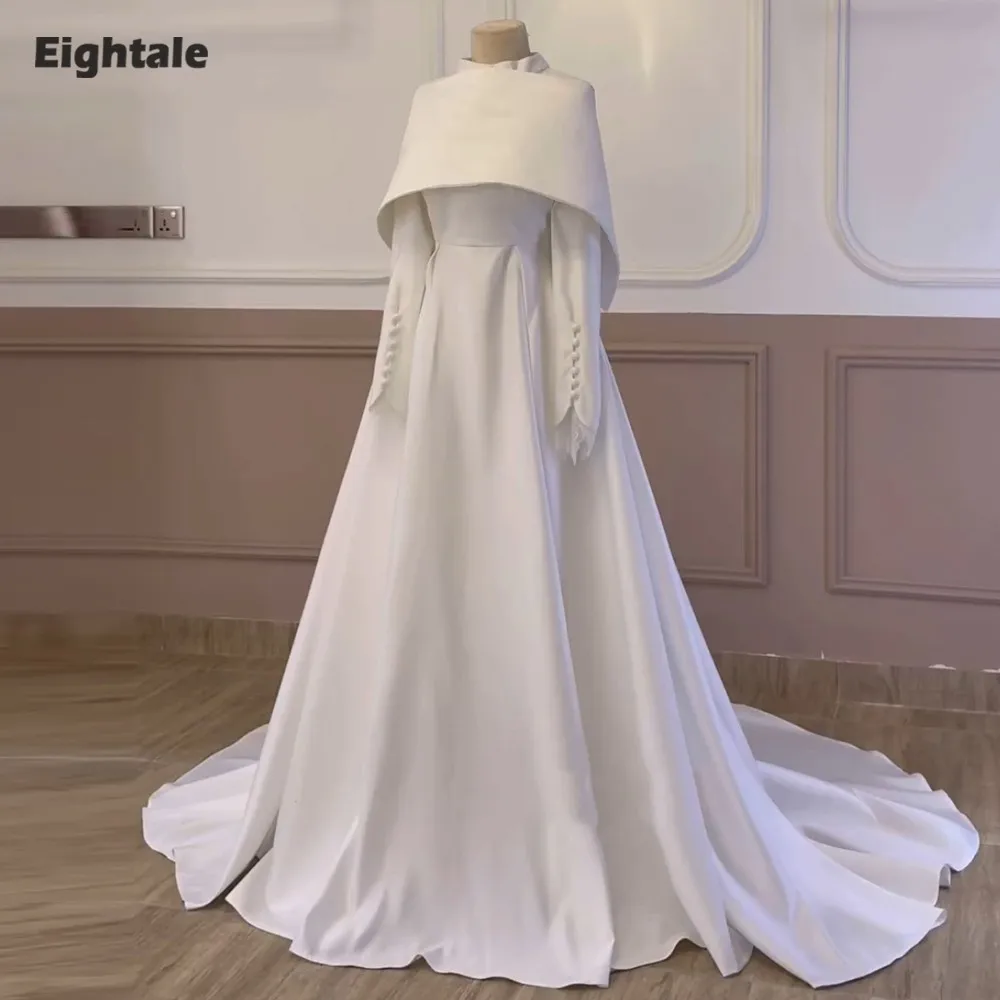 

Eightale Arabic Wedding Dress O-Neck Customized Ivory Lace satin Muslim Long Sleeves Bridal Gown A-Line Bride Party Dress