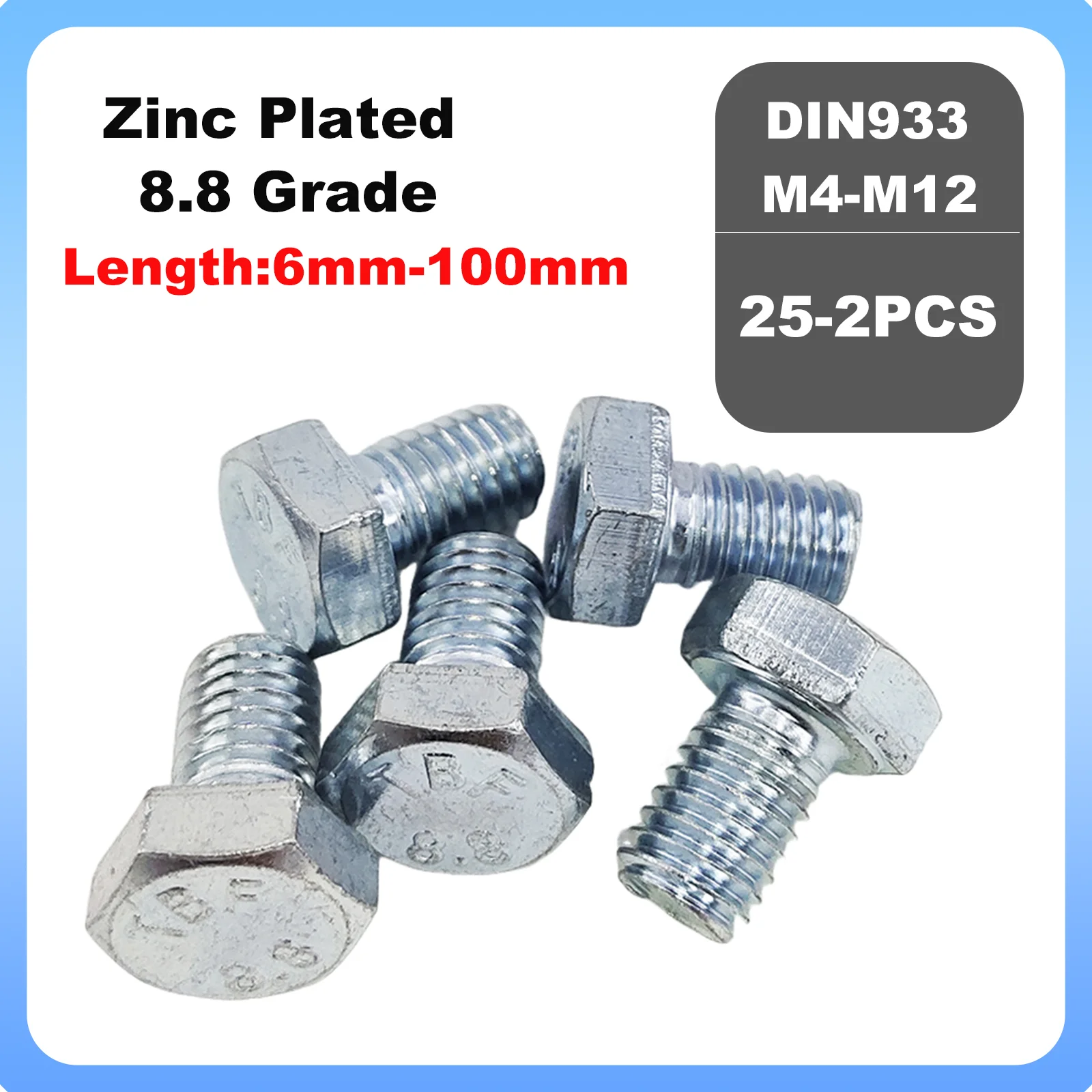 

2-25Pcs 8.8 Grade Fully Thread Zinc Plated M4 M5 M6 M8 M10 M12 DIN933 Outer Hex External Hexagon Head Cap Bolt Screw GB5783