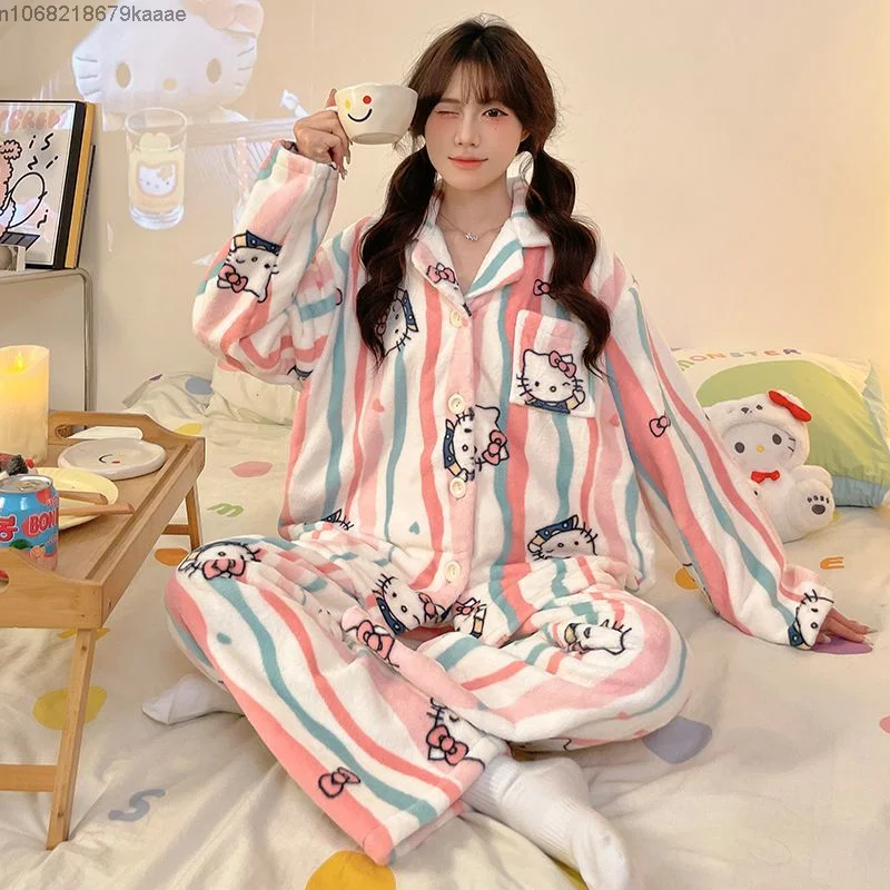 Sanrio Hello Kitty Women's Autumn Winter Coral Fleece Thick Warm Pajamas Fashion Cute Sweet Sleepwear Trend Casual Home Clothes