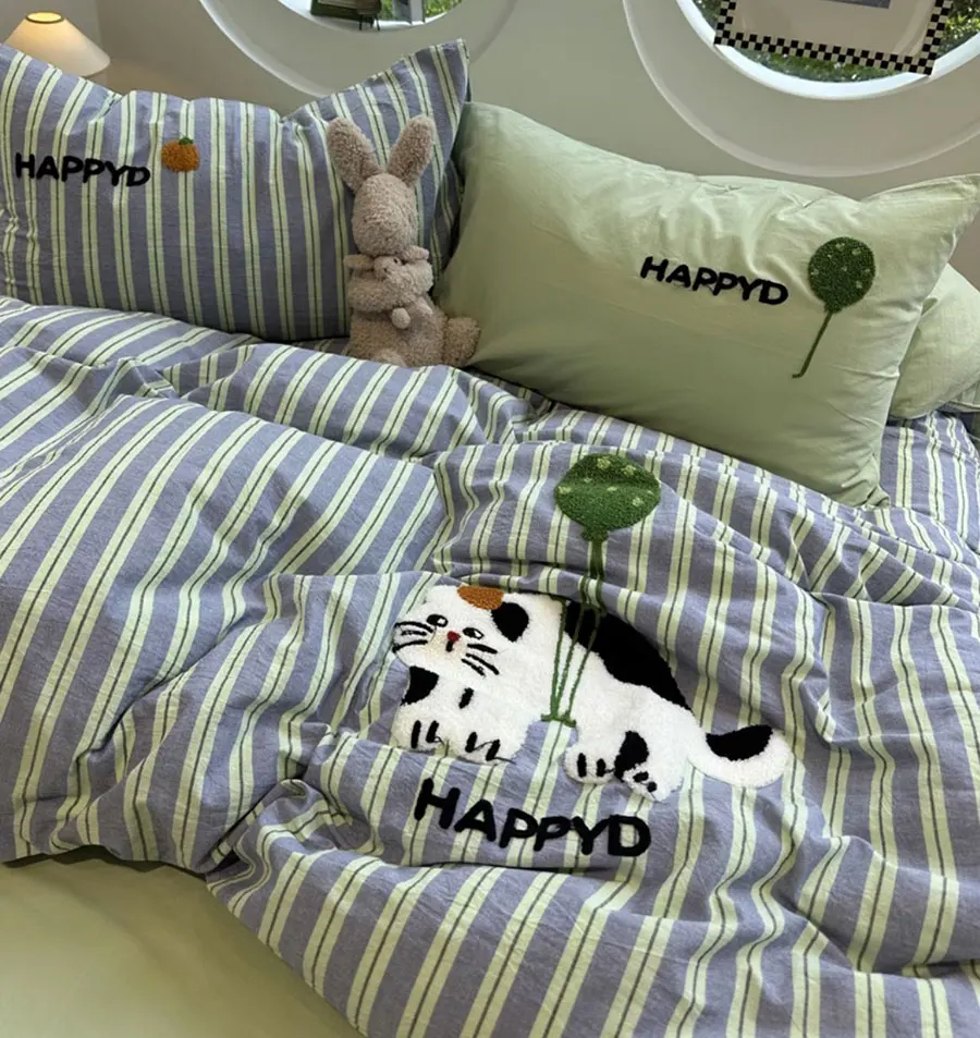 

Cute embroidery cat stripes bedding set single double,twin full queen king cotton home textile bed sheet pillowcase quilt cover