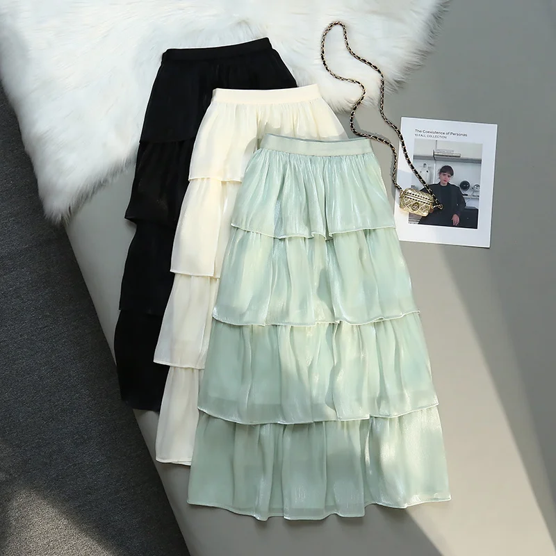 

High Waist Elegant Mesh Women's Midi Cake Skirts 2023 New Spring Summer Korean Style Ruffles Umbrella A-Line Skirts Female
