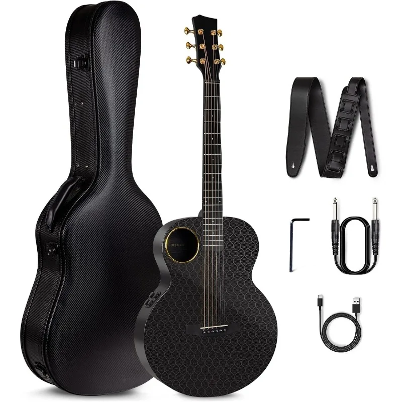 Carbon Fiber Electric Guitar 3/4-Sized Guitar Bundle with Hard Case Leather Strap Instrument Cable and USB Type-C Charging Cable