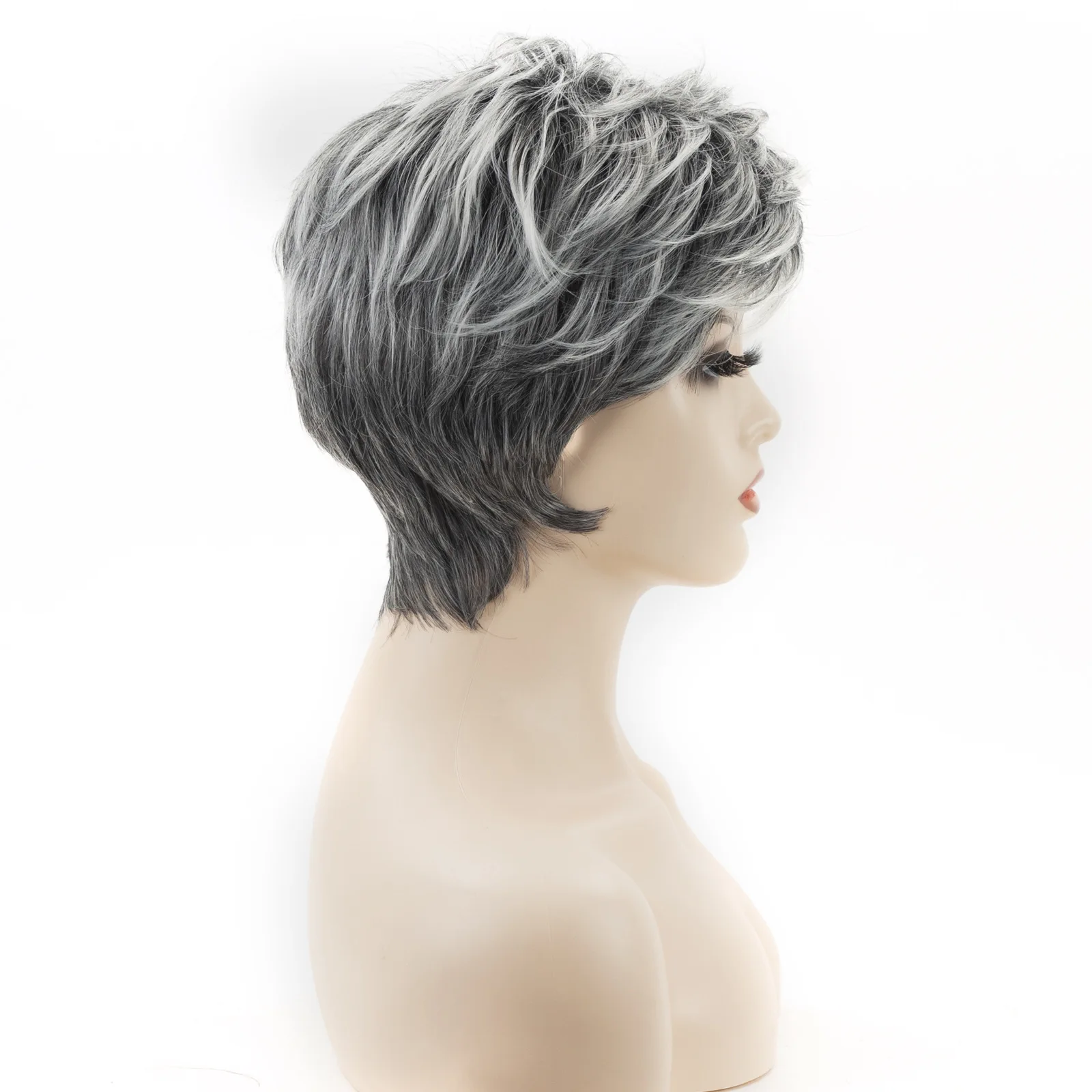 Short Synthetic Fluffy Curly Wigs  Gray White Mixed Wigs Ombre  Natural Fake Hair Wig with Bangs For Woman Daily Wear Wigs