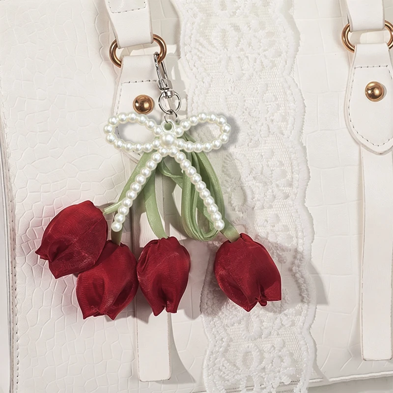 Sweet Tulip Keychain Fashion Ribbon Pearl Lace Bow Bag Accessories Tulip Mobile Phone Pendant Jewelry Style Keychain Decoration