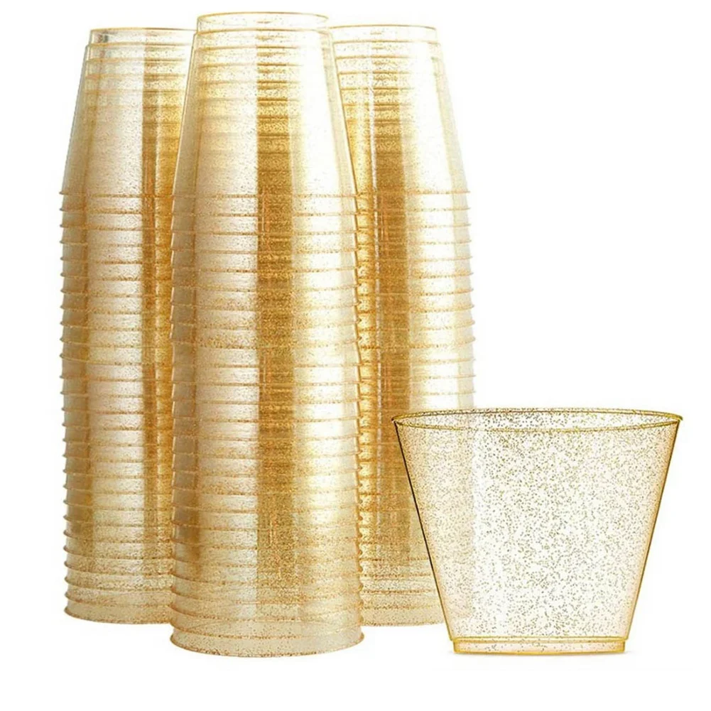 Copas doradas de plástico transparente para vino, vasos de plástico duro desechables con purpurina dorada para fiesta, 25 piezas