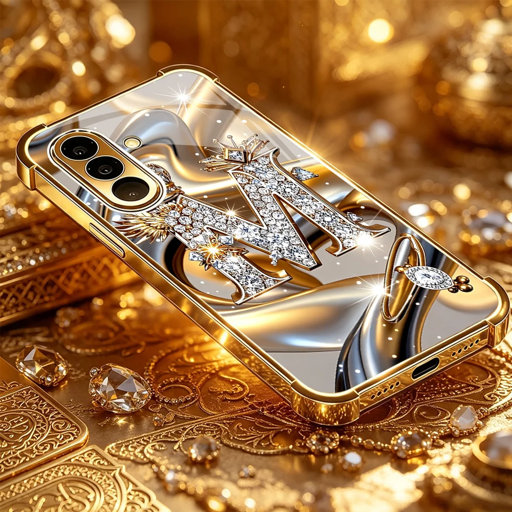 Golden glitter letter M Four corners Glass TPU phone case for Samsung Galaxy S26/S25/S24/S23/S22/S21 FE Ultra Plus Shockproof