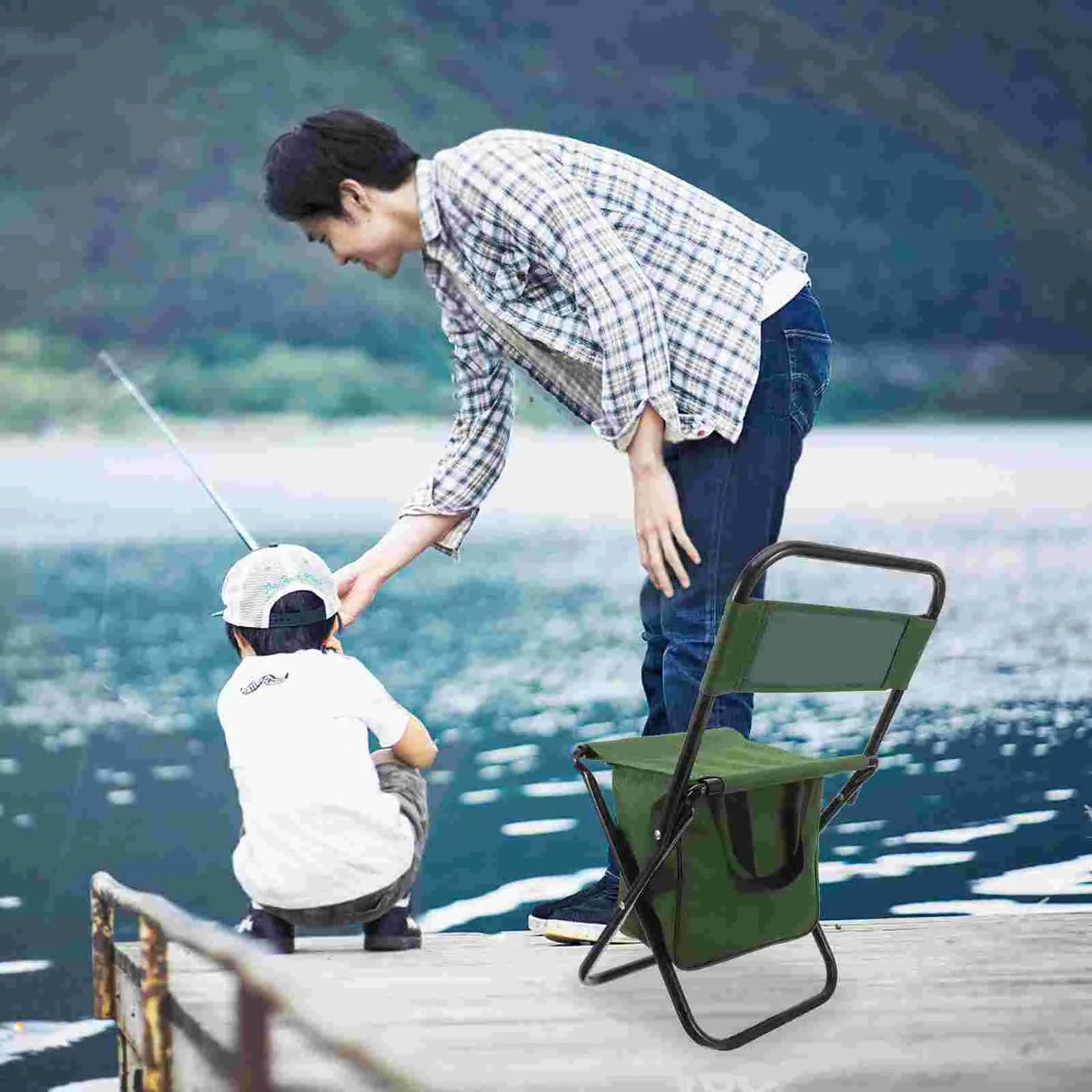 

Outdoor Folding Chair Storage Bag Stool Backrest Green Camping Chairs for Adults Table Small Portable Barbecue Foldable