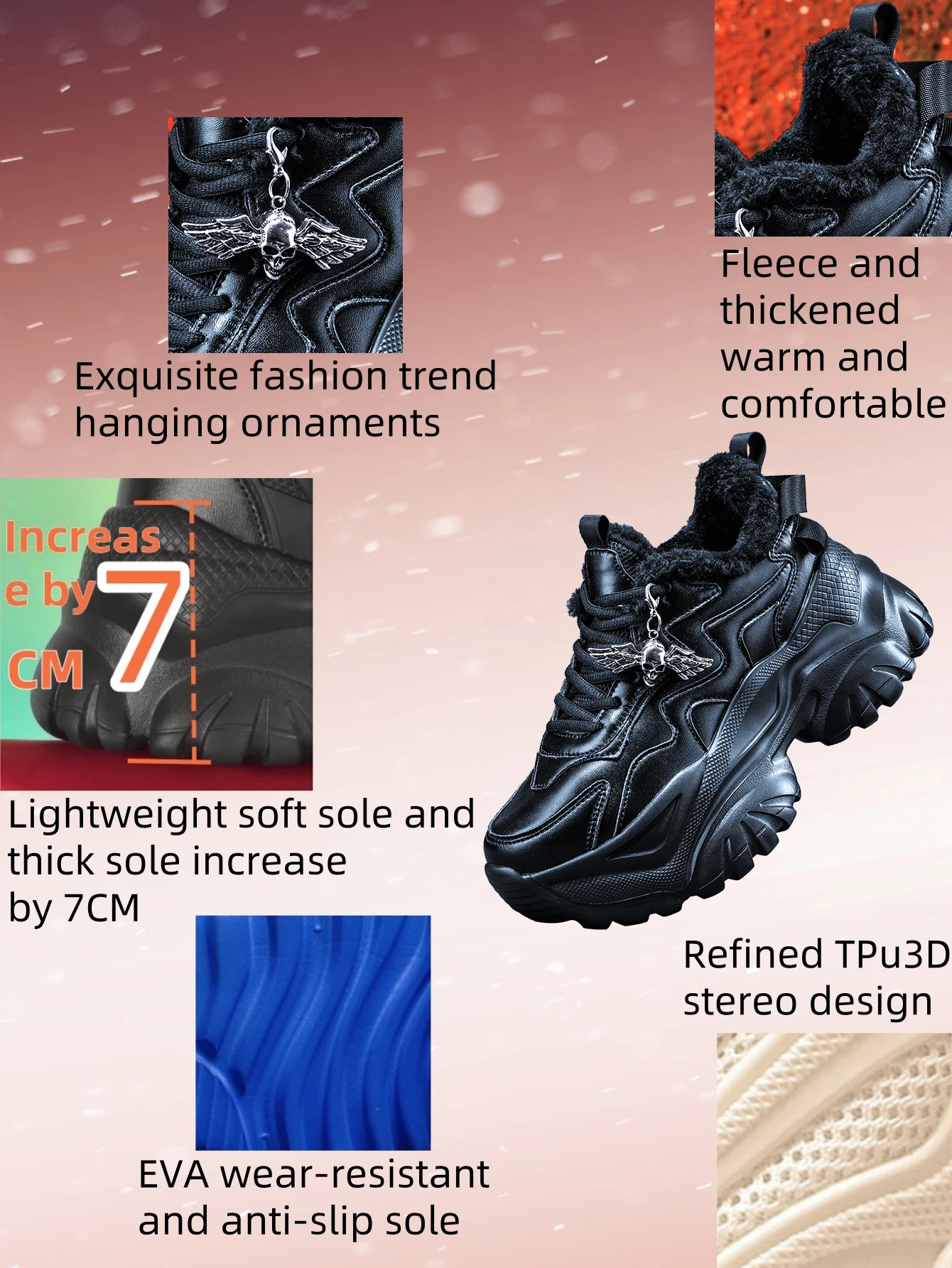 Women's Winter Outdoor Fashion Dad Shoes, Eva Lightweight Thick-Soled, 7cm Height Increase, Casual Sneakers, with Punk-Style Silver Angel Skull Detachable Charm, Comfortable and Warm Black Shoes for Daily Wear - view 3