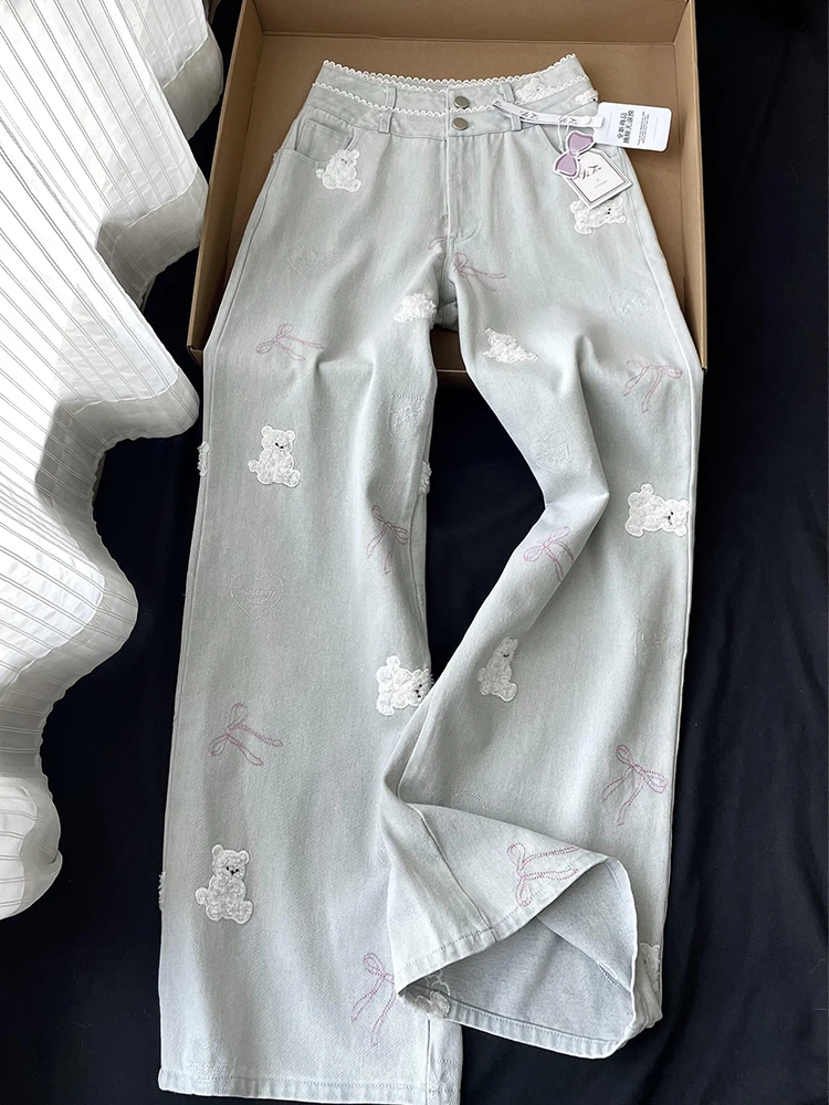 

Light Blue Embroidered Bear Knot High Waist Straight Leg Jeans Women's Spring Autumn New Style Slimming Wide Leg Pants