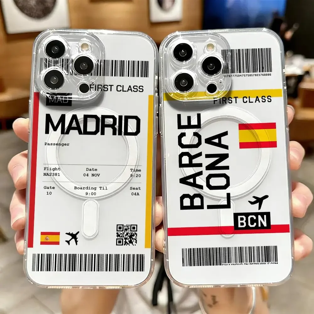 Travel Plane Ticket Spain Phone Case For IPhone 17 16 15 14 13 12 Pro Max Plus Magnetic Crystal Clear Case Wireless Charge
