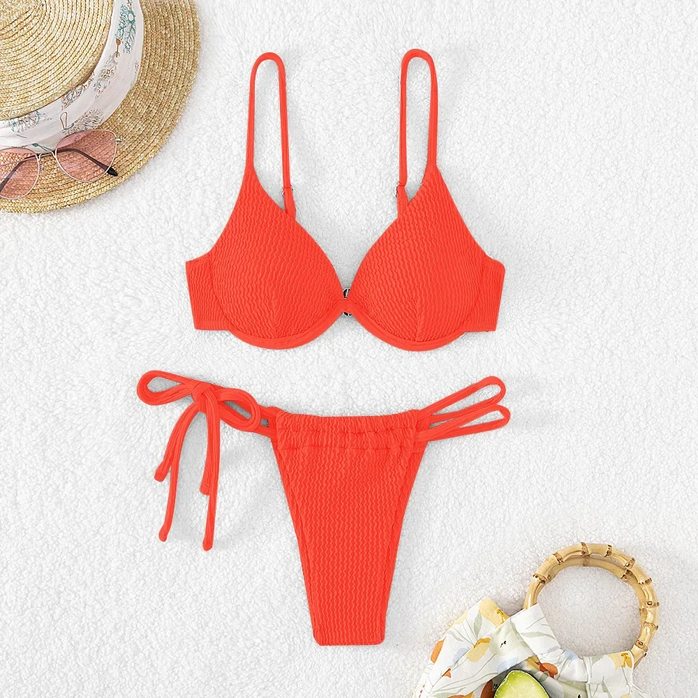 Costume da bagno con ferretto in 2 pezzi tinta unita donna 2024 scollo a V a costine bikini push up vita bassa perizoma costume da bagno costumi da bagno da spiaggia nuovo