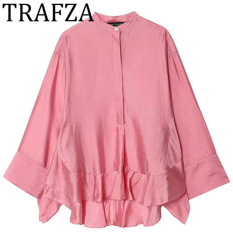 

TRAFZA 2025 Flounced Shirt for Woman Long Sleeve Single Breasted Pink Loose Casual Shirts & Blouses Summer Fashion Office Lday