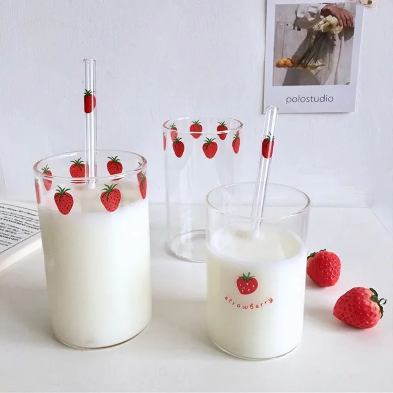 Strawberry Cute Coffee Glass Cup With Straw Transparent Cups Milk Mug Verre Heat Resistant Vaso Tazas Glasses Nana Drinkware