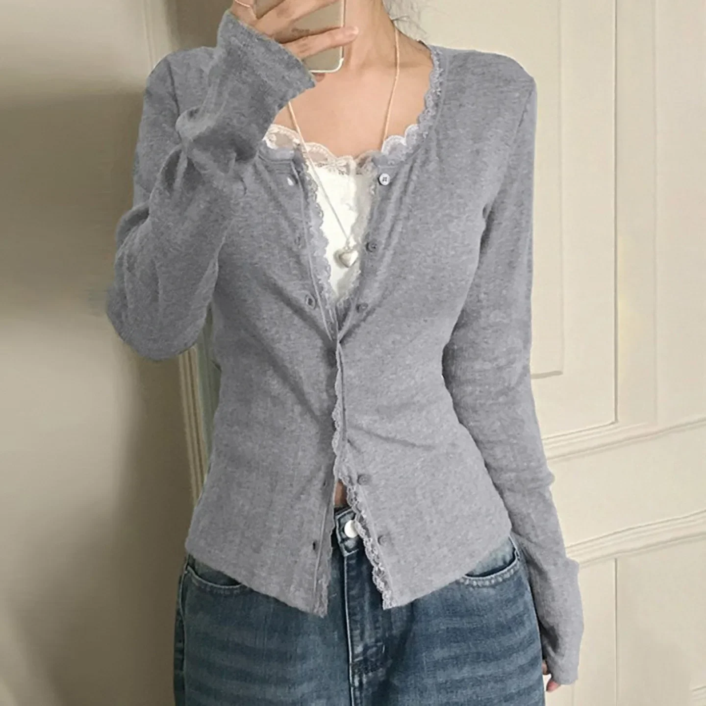 

FDEY Casual Solid Lace Trim Knitted Cardigans Top Slim O-Neck Long Sleeve T-shirts Women 2025 Autumn Spring Fashion Streetwear