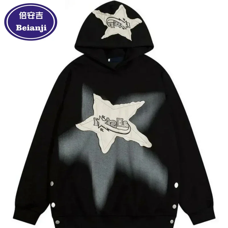 Beianji hoodie vintage star patch male Instagram fashion brand Europe and the United States heavy youthful vitality couple top