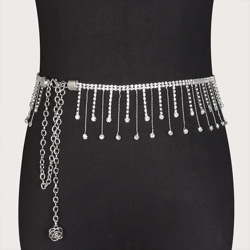 Rhinestone slim waist chain women\'s full diamond decorative dress accessories wedding dress belt tassel belly dance skirt