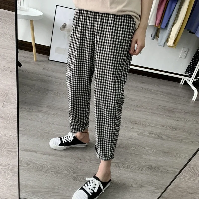 2024 Spring Summer Plaid Pants Women\'s  Harem Pants Capris Drawstring Waist Large Size Casual Loose Cotton Linen Trousers Women